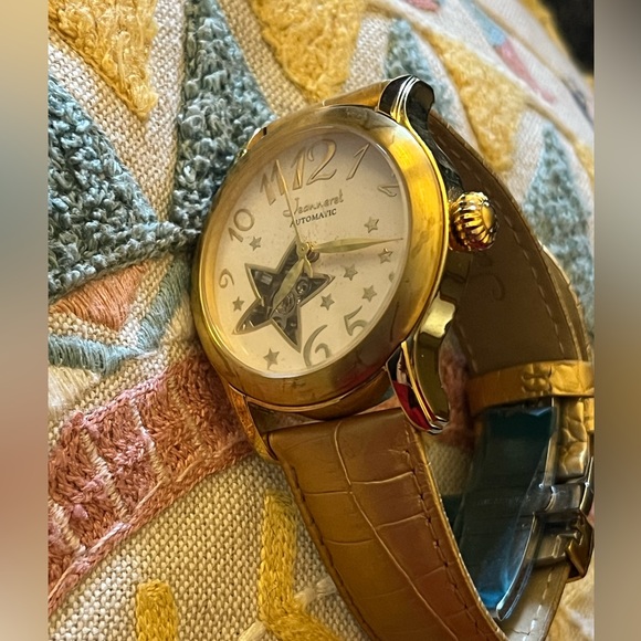 JEANERET 🔥SKELETON WATCH GORGEOUS VINTAGE WATCH STAR CUTOUT WINDOW leather - Picture 5 of 9